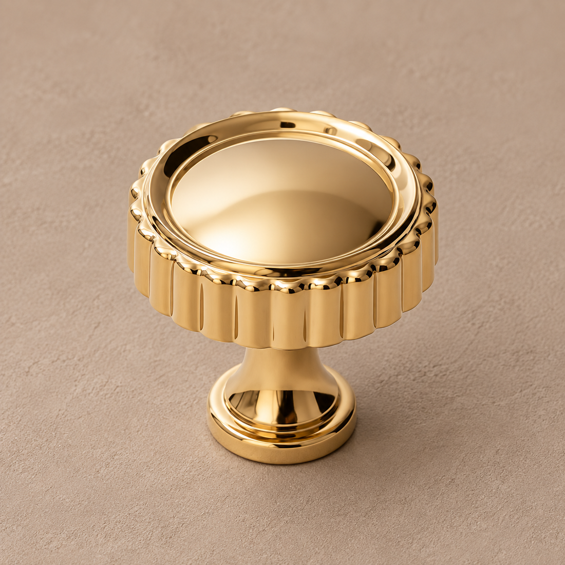 Solid PVD Brass Cabinet Pull & Knob — Luxury Modern Design on a neutral stone studio background