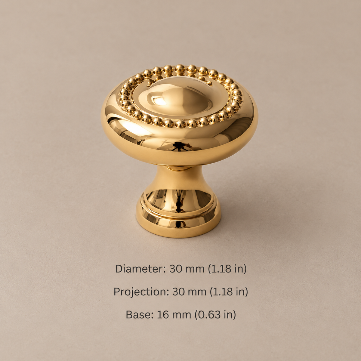 Solid Brass Cabinet Pull & Knob — PVD Bright Gold Finish — dimensions in millimetres and inches