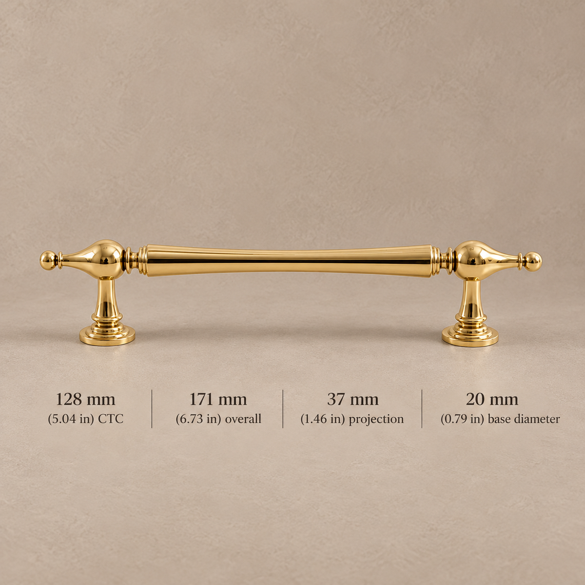 Solid Brass Cabinet Pull & Knob — PVD Bright Gold Finish — pull-128mm