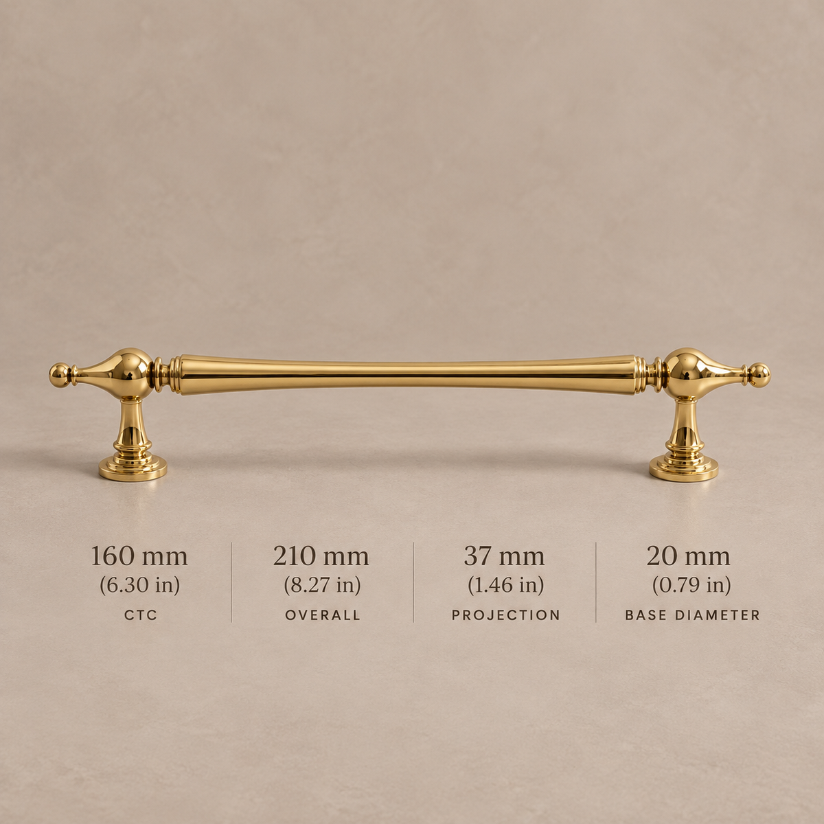 Solid Brass Cabinet Pull & Knob — PVD Bright Gold Finish — pull-160mm
