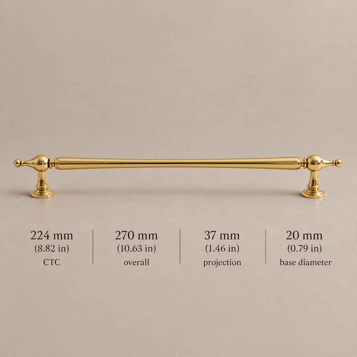 Solid Brass Cabinet Pull & Knob — PVD Bright Gold Finish — pull-224mm