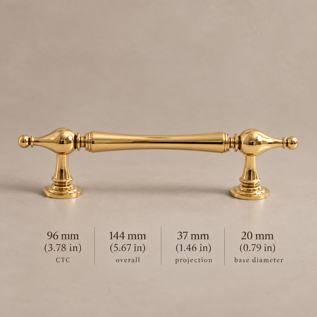 Solid Brass Cabinet Pull & Knob — PVD Bright Gold Finish — pull-96mm