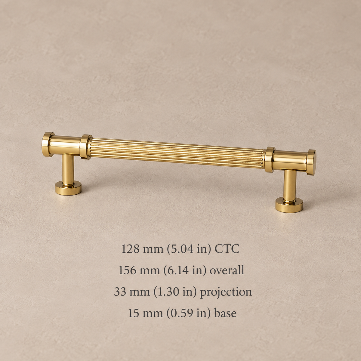 Polished gold fluted pull, 128 mm (5.04 in) hole spacing