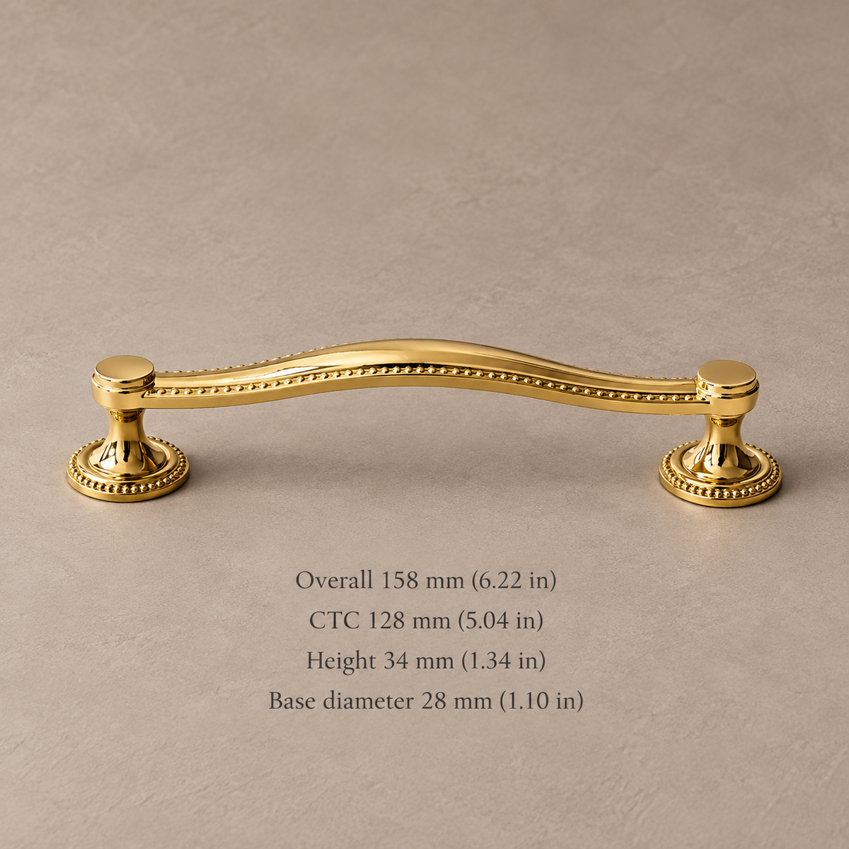 PVD gold cabinet pull, 128 mm center-to-center, with dimensions in millimeters and inches