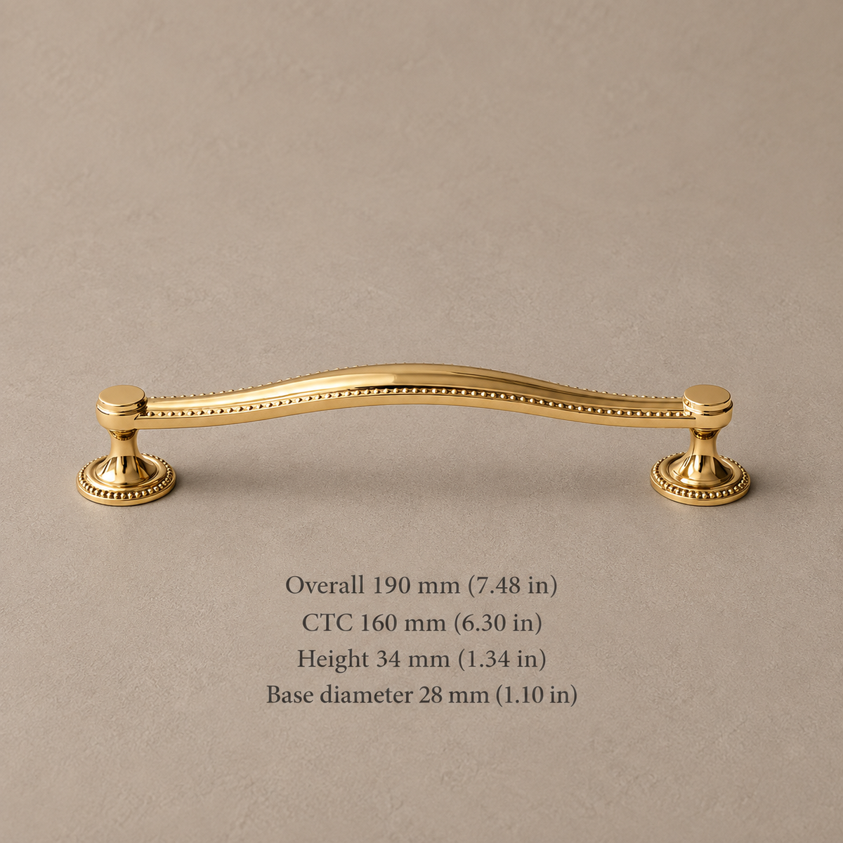 PVD gold cabinet pull, 160 mm center-to-center, with dimensions in millimeters and inches