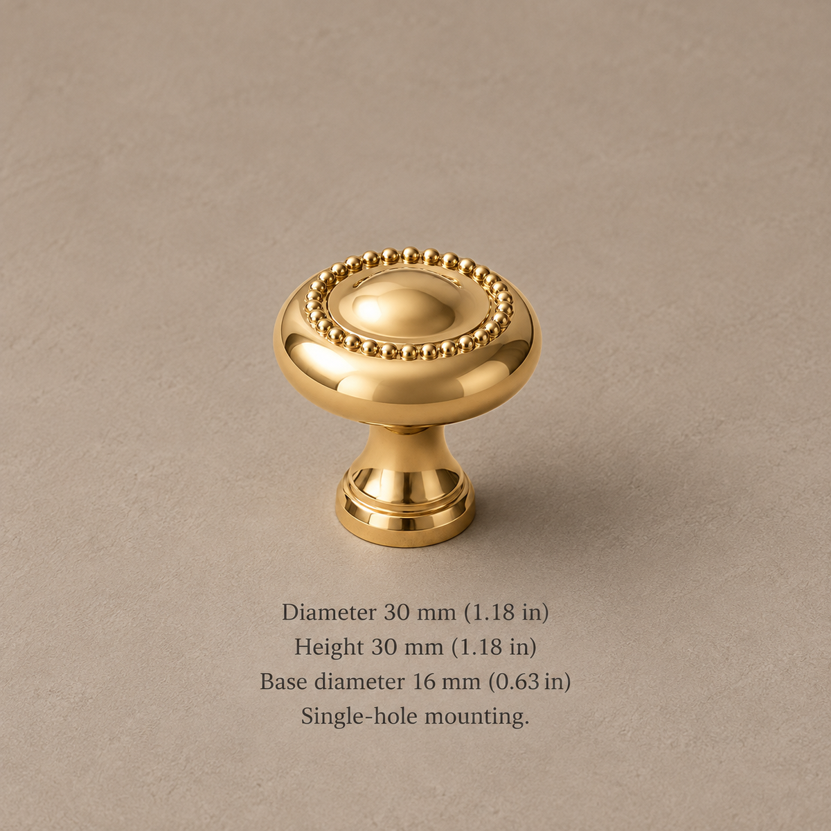 PVD gold cabinet knob, 30 mm diameter, with dimensions in millimeters and inches