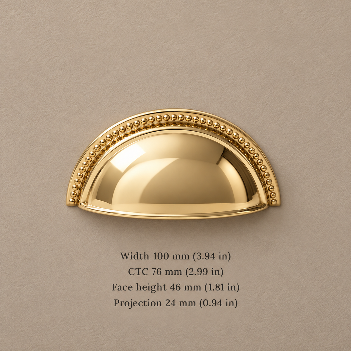 PVD gold beaded cup pull, 76 mm center-to-center, with dimensions in millimeters and inches