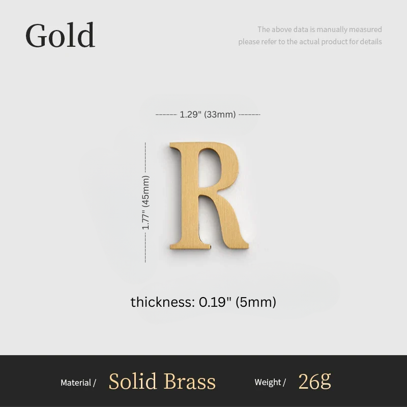 Gold letter 'R' with measurements on a white background