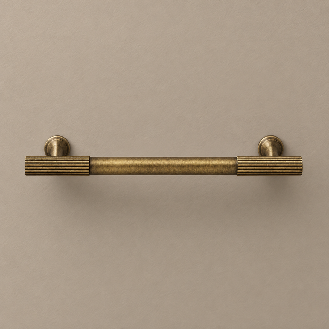 Reeded Bar Cabinet Pull & Knob — Antique Bronze on a neutral stone studio background