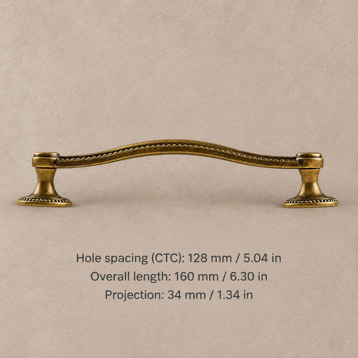 Antique bronze cabinet pull with 128 mm (5.04 in) CTC and dimensions