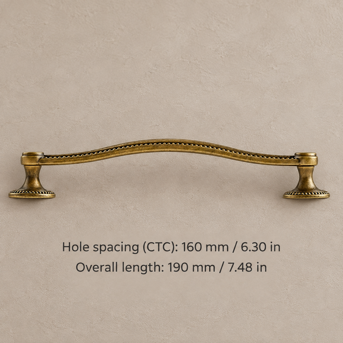 Antique bronze cabinet pull with 160 mm (6.30 in) CTC and overall length