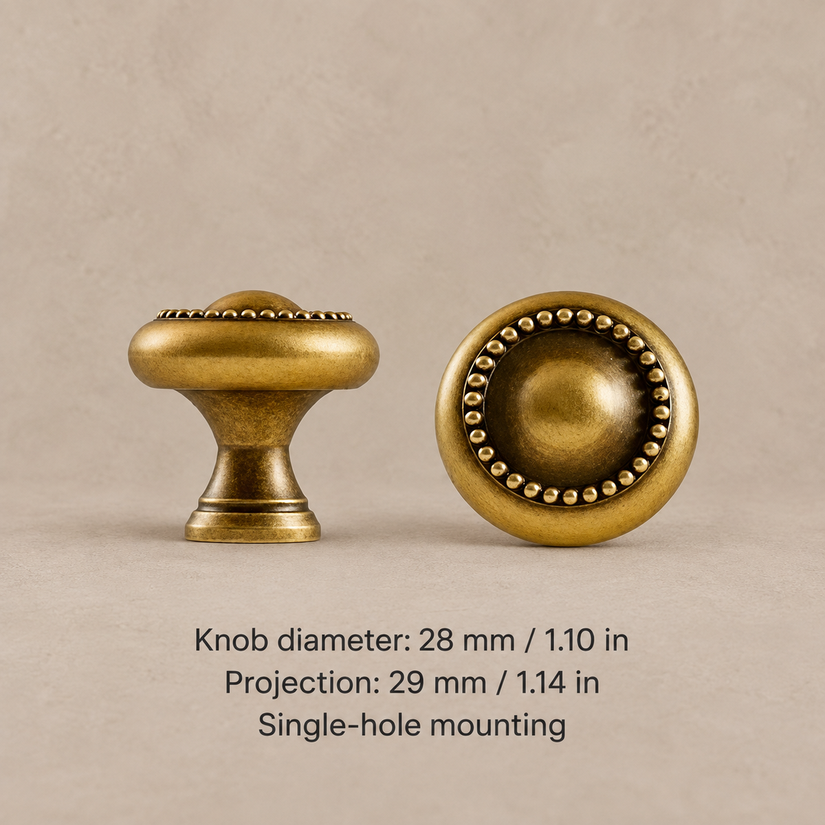 Antique bronze beaded knob front and side views with 28 mm diameter and 29 mm projection