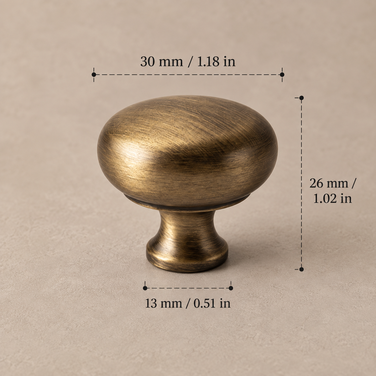 Antique brass round cabinet knob with 30 mm diameter and inch measurements