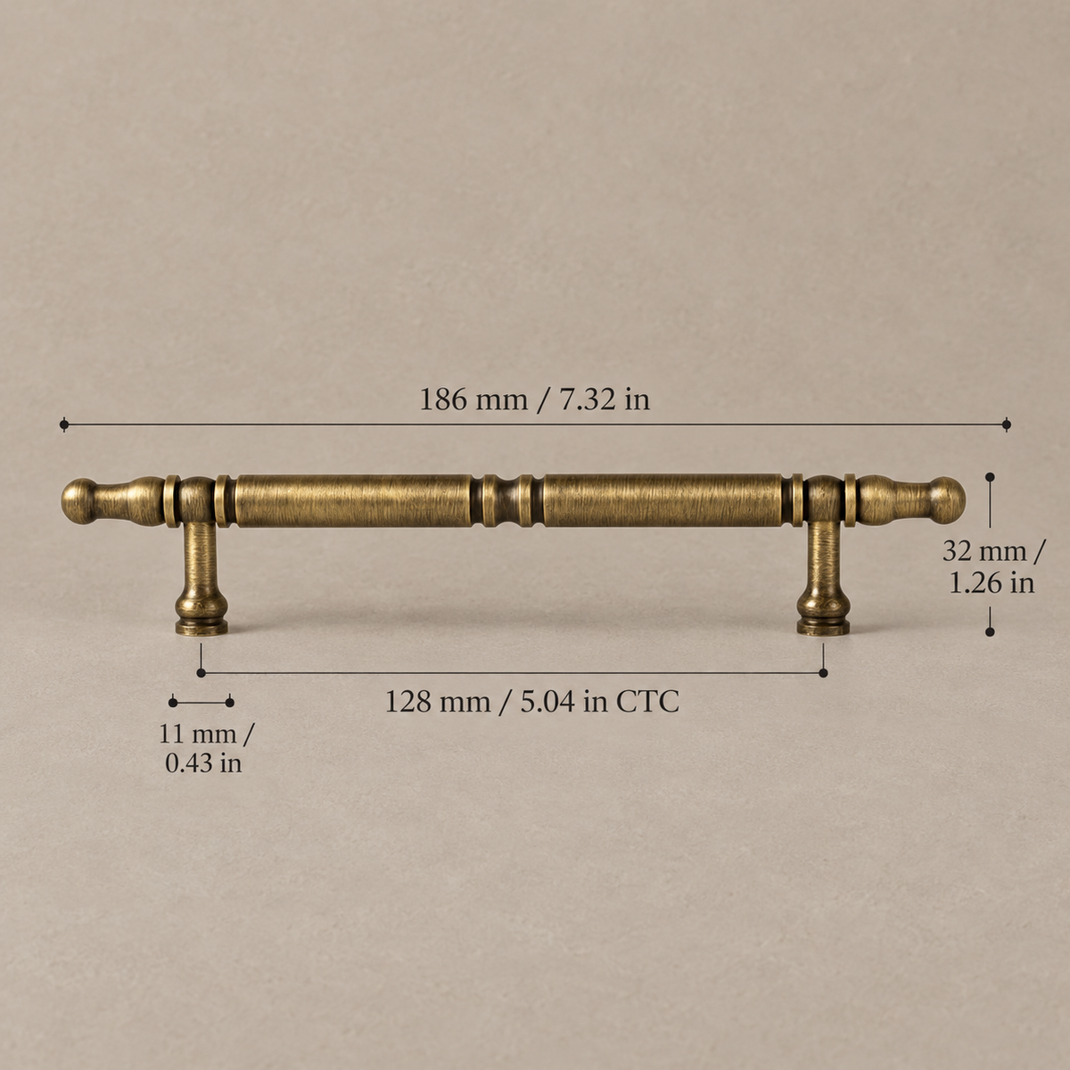 Antique brass ringed cabinet pull with 128 mm hole spacing and inch measurements