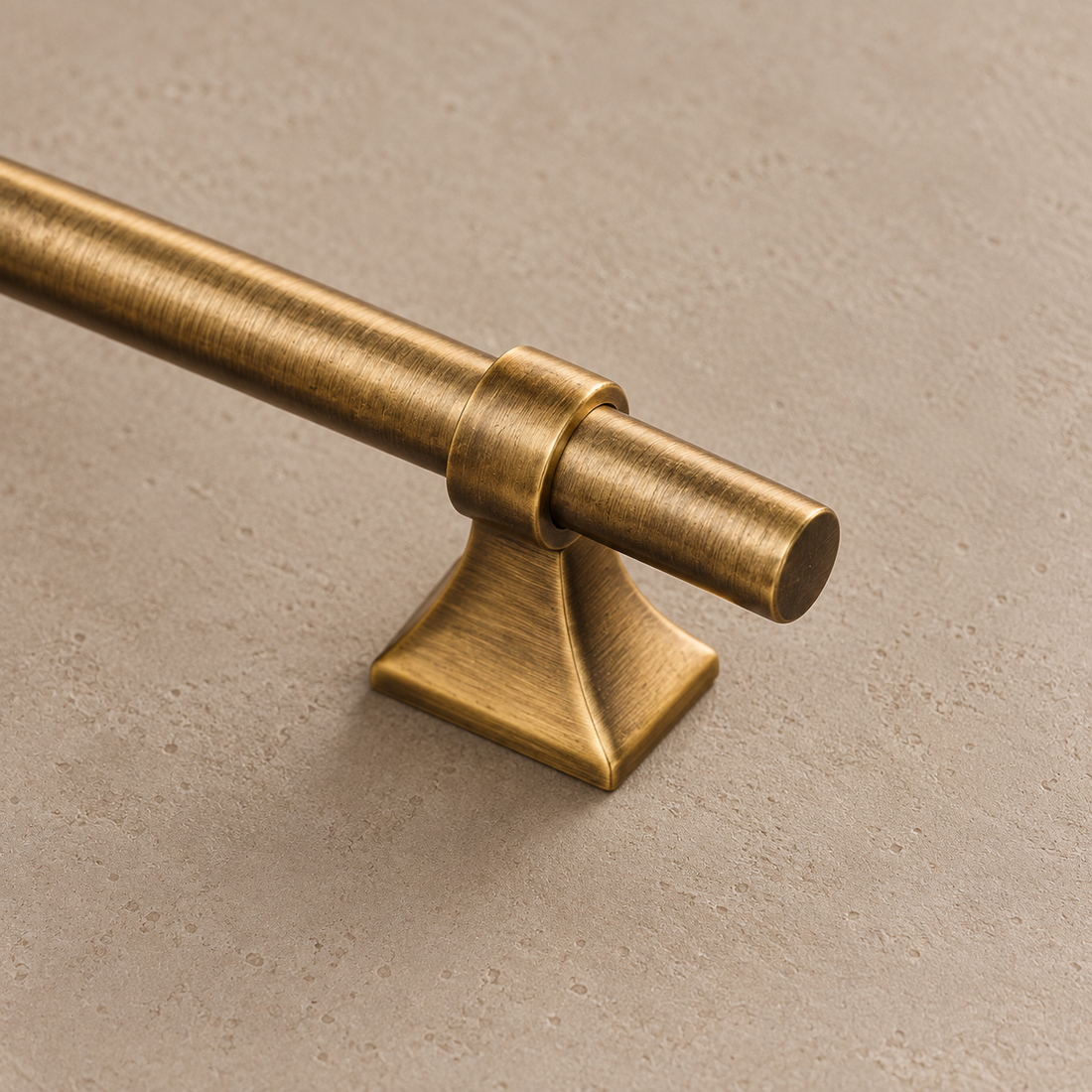 Solid Antique Brass Cabinet Pull & T-Bar Knob — Retro Design on a neutral stone studio background