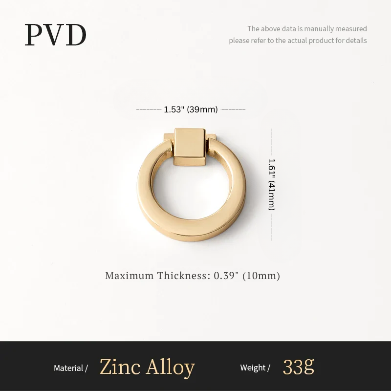 Gold ring handle with dimensions and material details on a white background