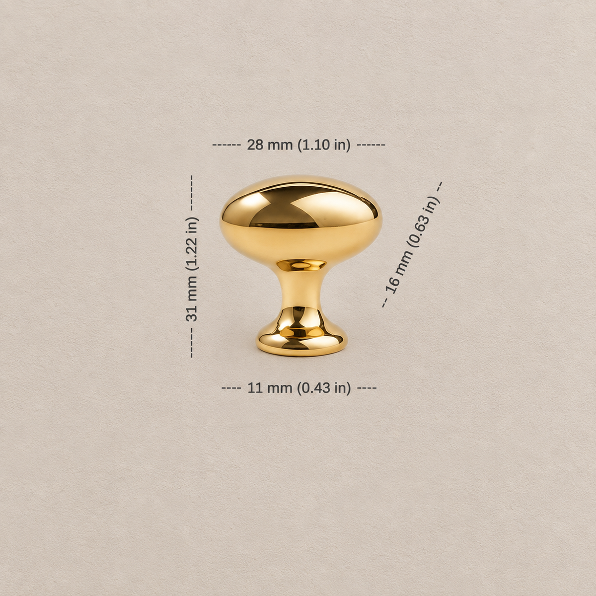 Polished brass round cabinet knob, 28 mm diameter, dimensions in millimeters and inches on taupe background