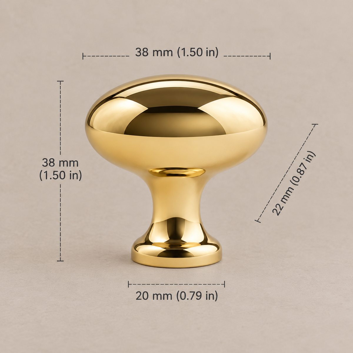 Polished brass round cabinet knob, 38 mm diameter, dimensions in millimeters and inches on taupe background