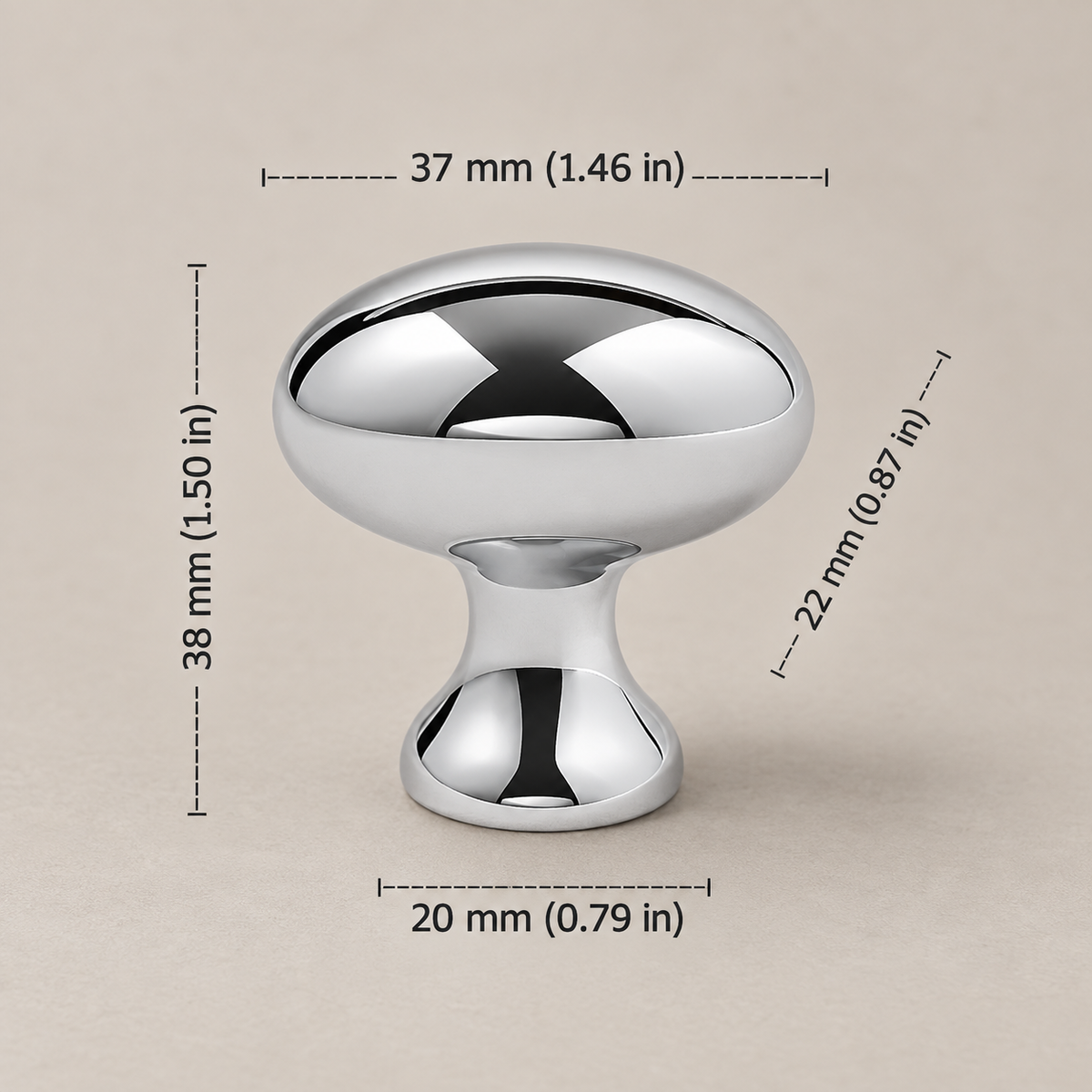 Chrome round cabinet knob, 37 mm diameter, dimensions in millimeters and inches on taupe background
