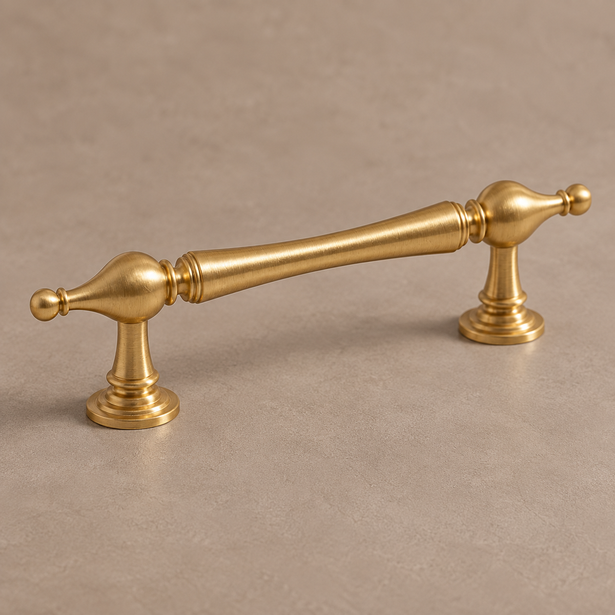 Round-Base T-Bar Cabinet Pull & Knob — Brushed Brass — detail