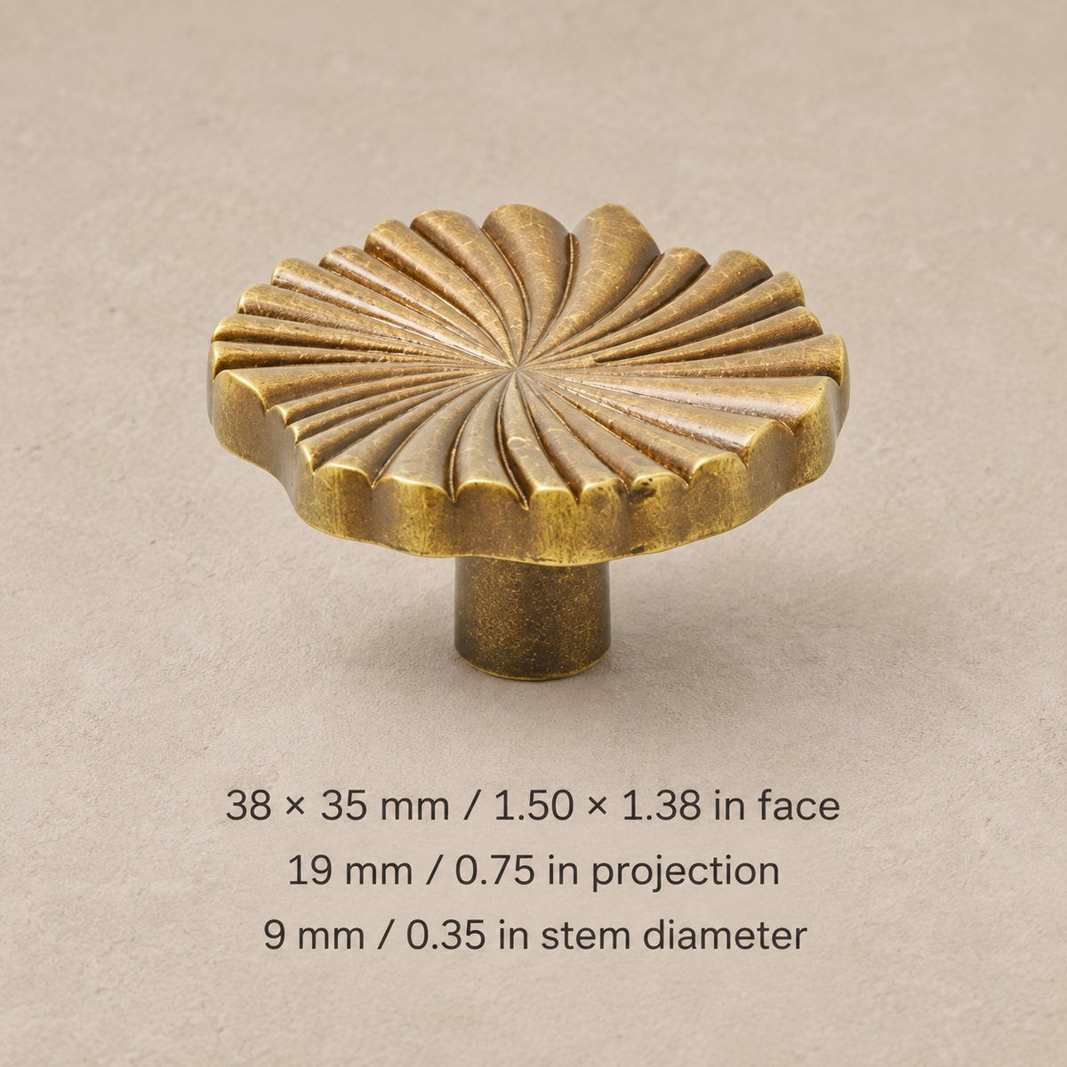 Ruffled cabinet hardware — antique knob38 — measurements in millimetres and inches