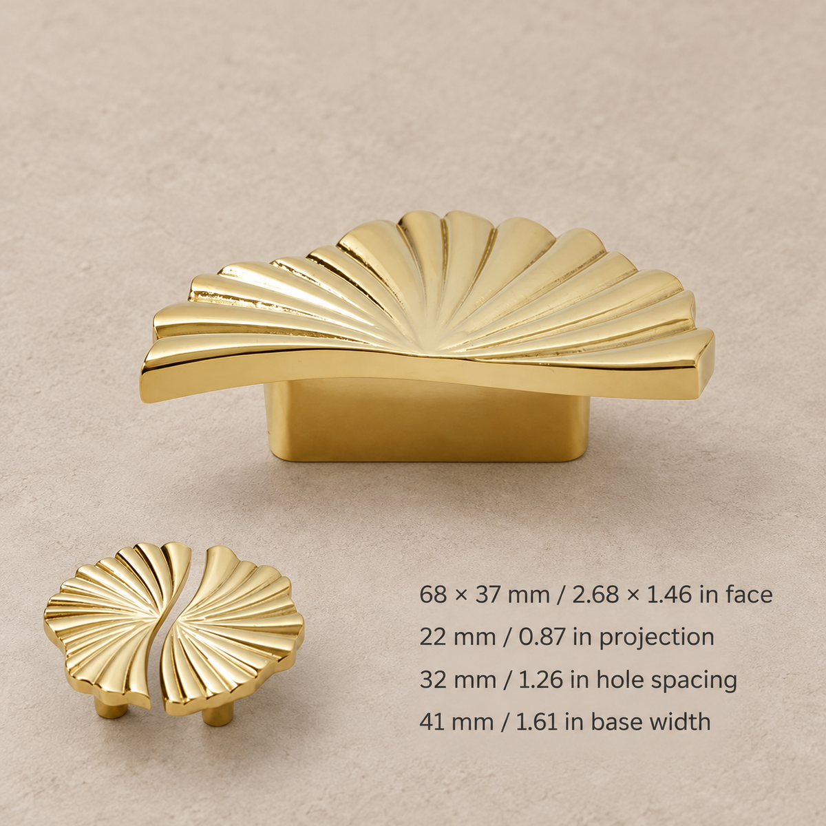 Ruffled cabinet hardware — brass fan — measurements in millimetres and inches