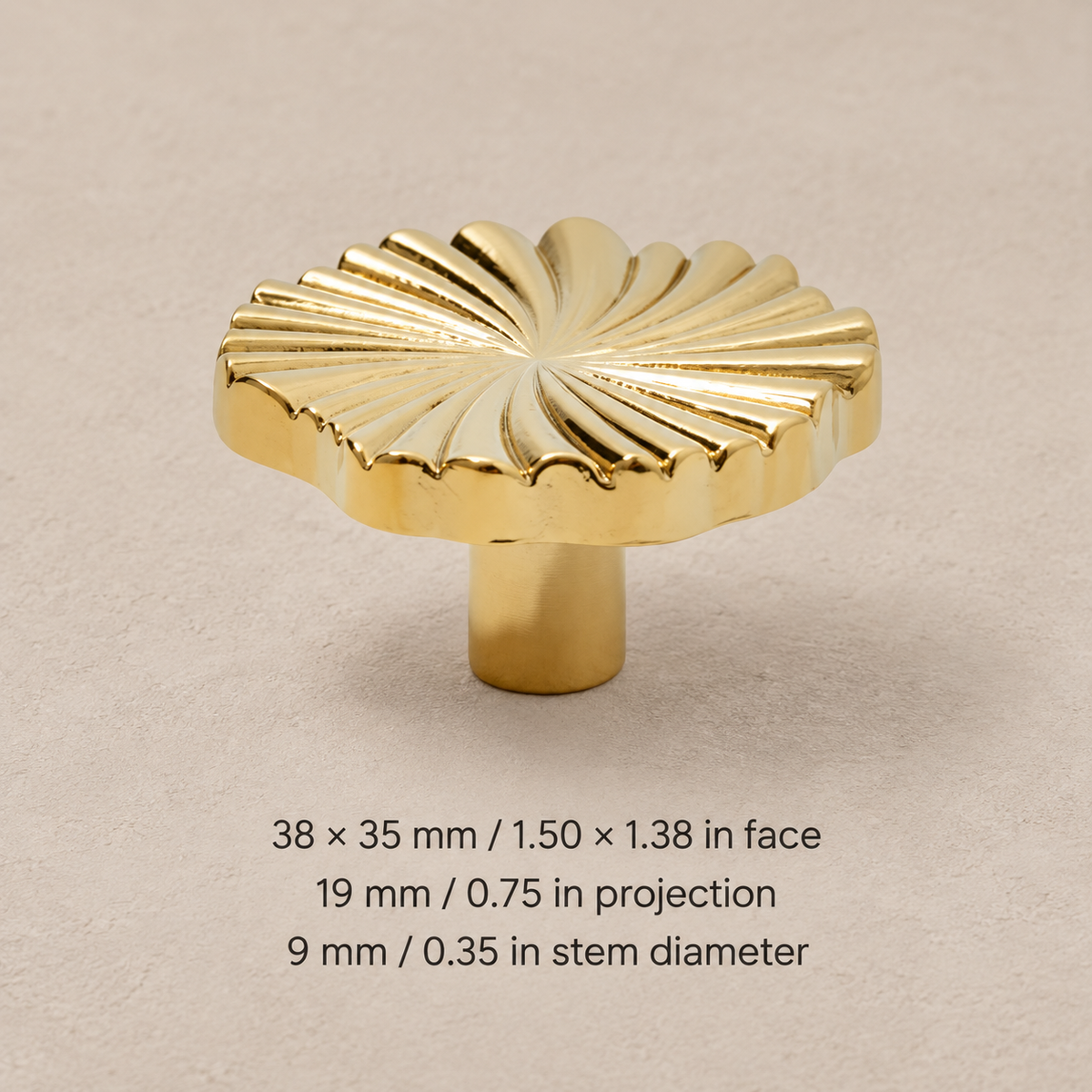 Ruffled cabinet hardware — brass knob38 — measurements in millimetres and inches