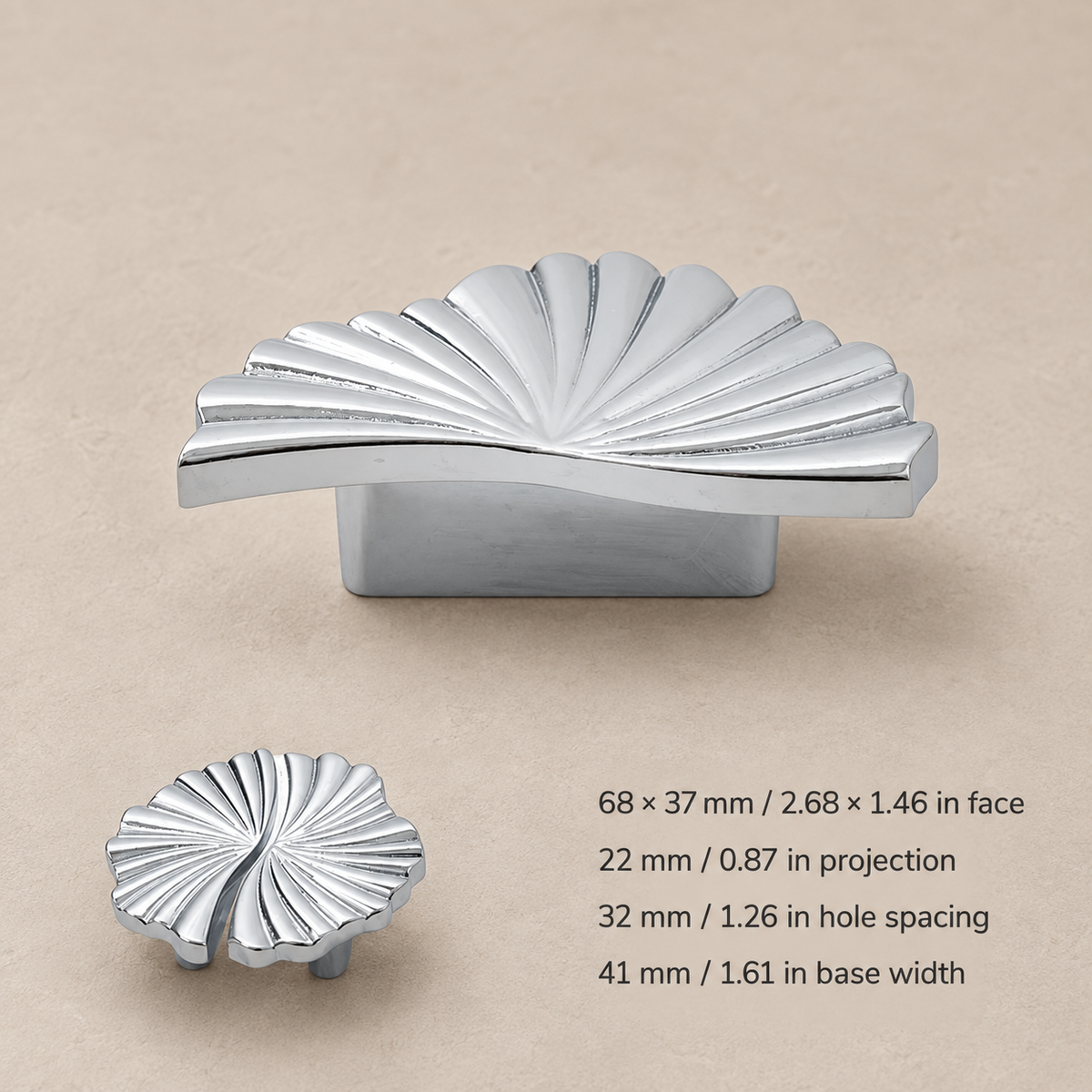 Ruffled cabinet hardware — chrome fan — measurements in millimetres and inches