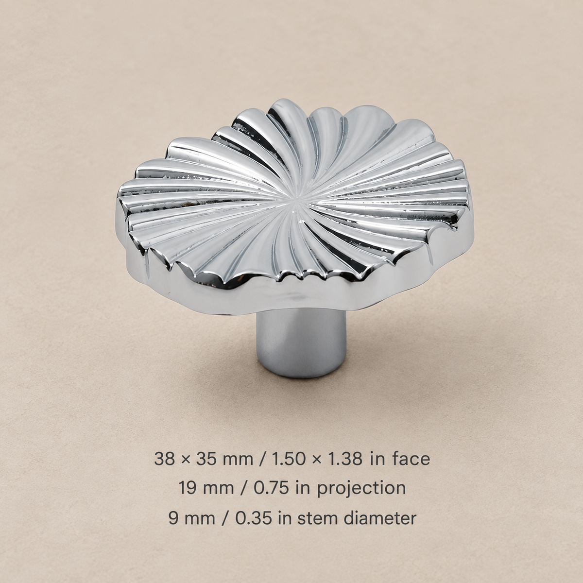 Ruffled cabinet hardware — chrome knob38 — measurements in millimetres and inches
