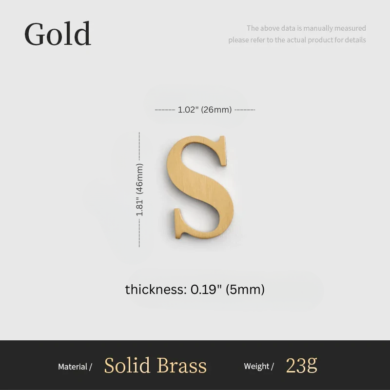 Gold letter 'S' with measurements on a white background