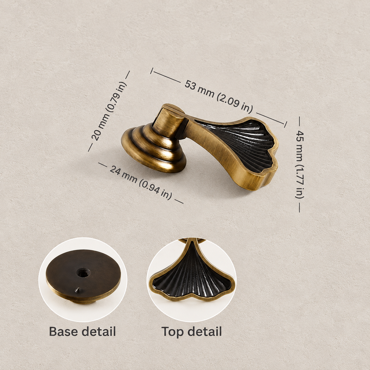 Bronze ginkgo leaf knob dimensions in millimeters and inches with base and leaf details