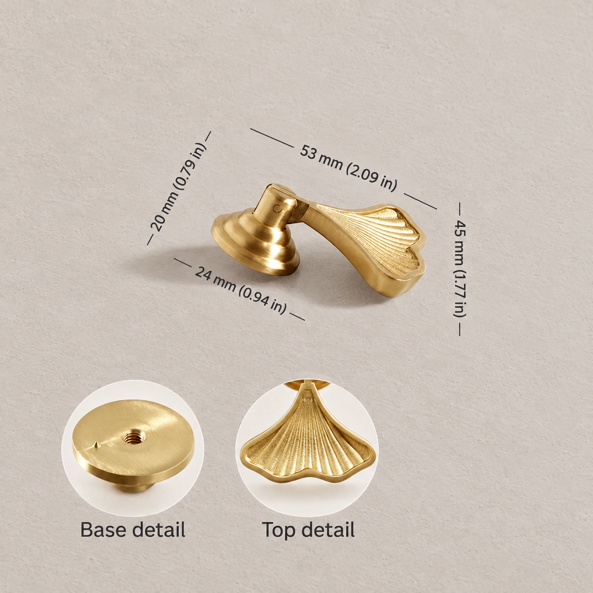 Gold ginkgo leaf knob dimensions in millimeters and inches with base and leaf details