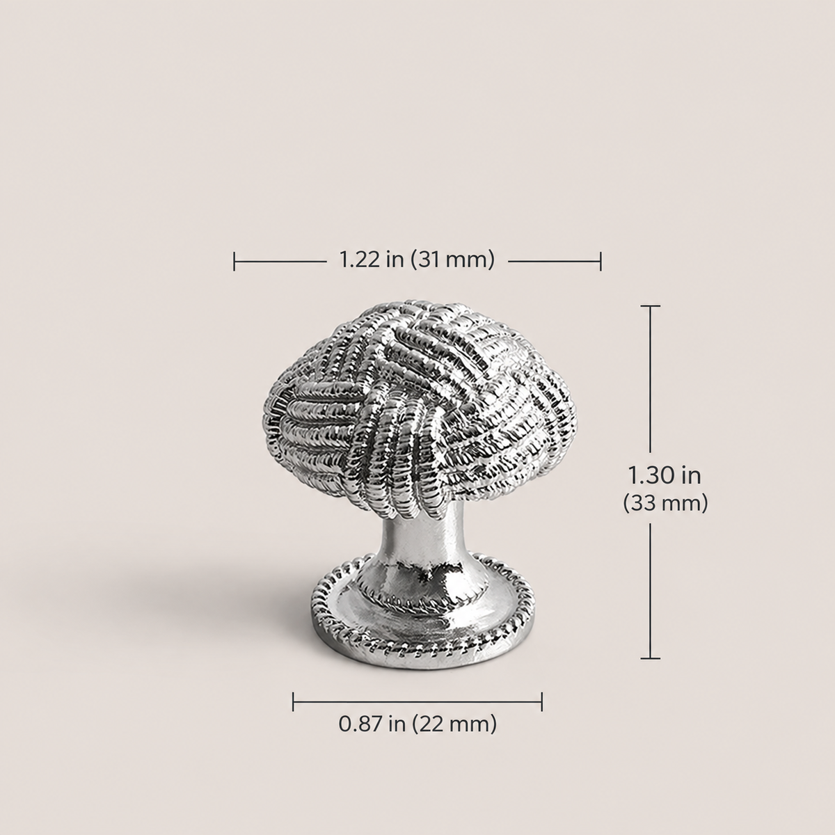 Silver chrome wire cabinet knob dimensions: 31 mm width, 33 mm height and 22 mm base, with inches