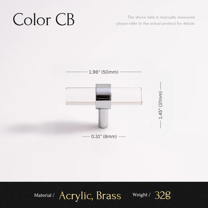 Measurement chart for an acrylic and brass product labeled 'Color CB' with dimensions and material details.