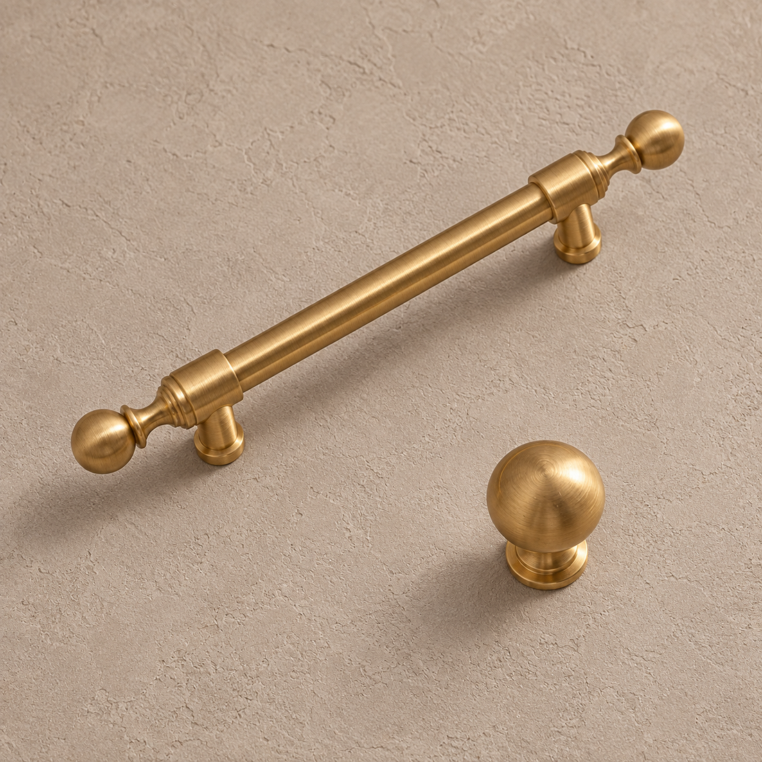 Slim Bar Cabinet Pull & Knob — Brushed Brass on a neutral stone studio background