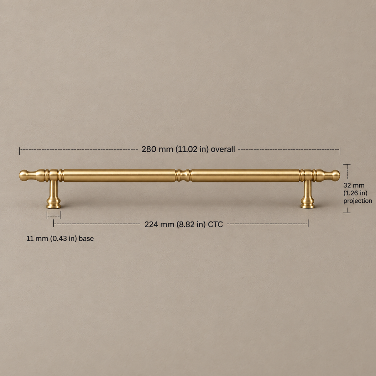 Solid Brass Cabinet Pulls & Knobs — Modern Design — brass-pull-224mm-ctc