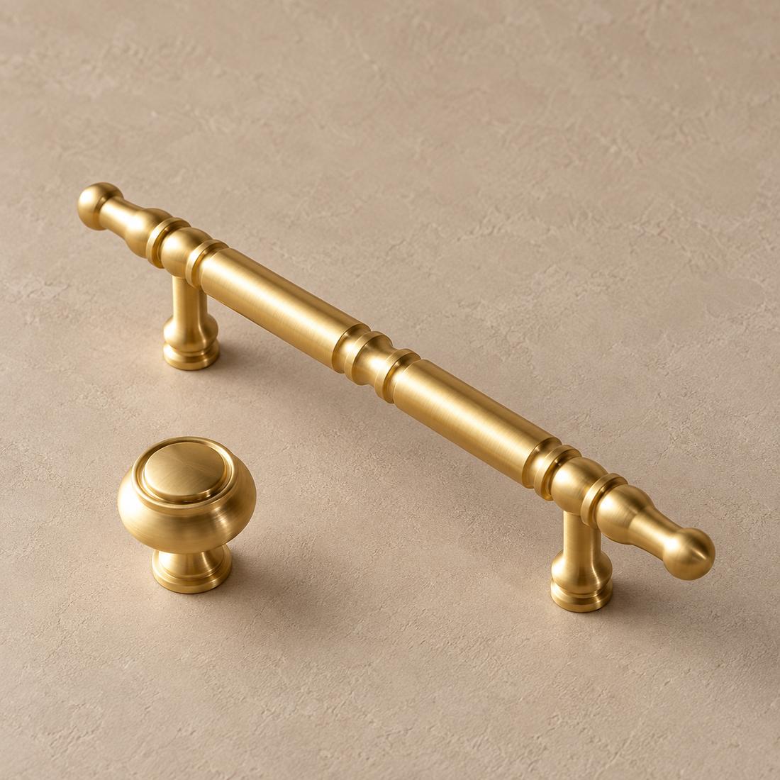Solid Brass Cabinet Pulls & Knobs — Modern Design on a neutral stone studio background