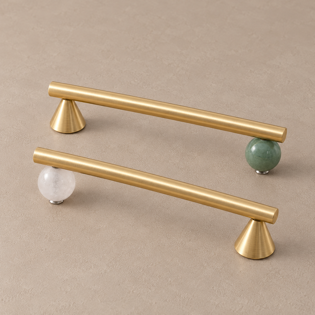 Green and white stone cabinet pulls with satin brass bars and conical supports