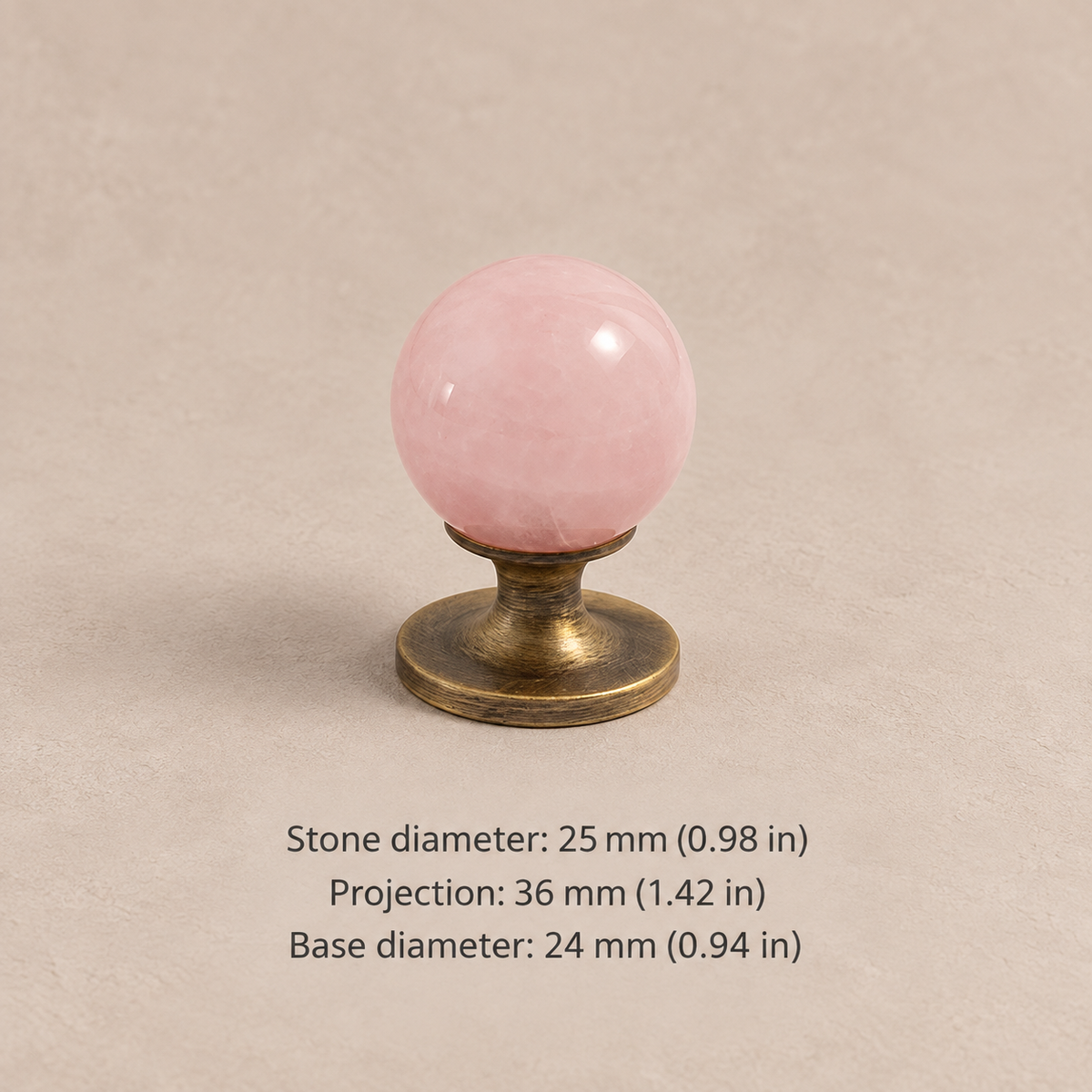 Natural stone cabinet knob — antique brass pink — 25 mm diameter, 36 mm projection, 24 mm base