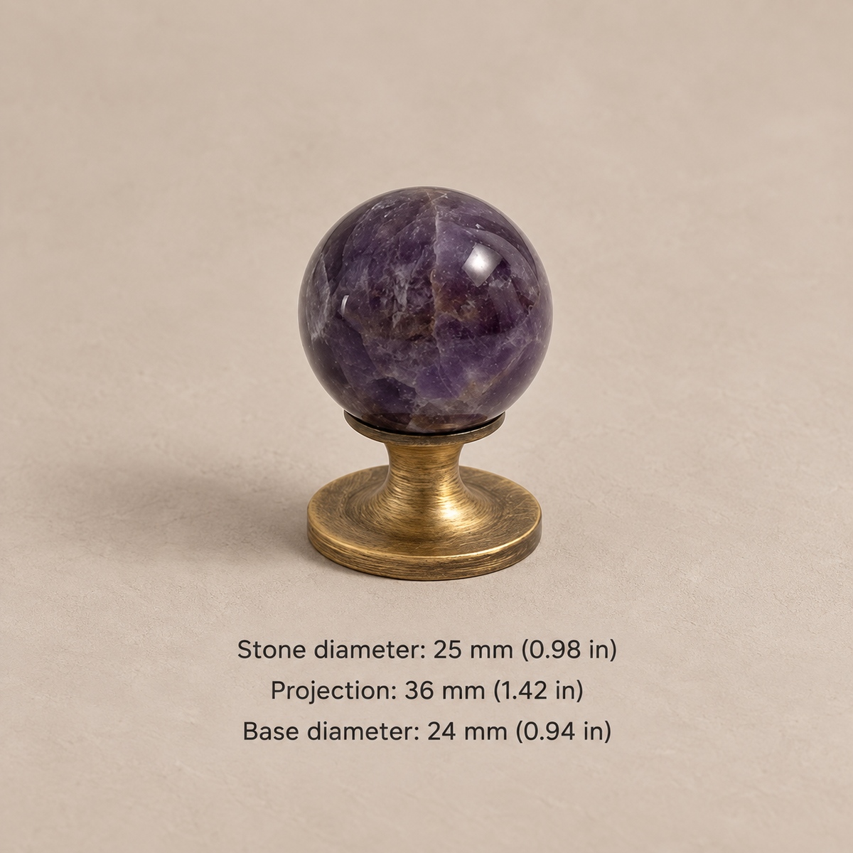 Natural stone cabinet knob — antique brass purple — 25 mm diameter, 36 mm projection, 24 mm base