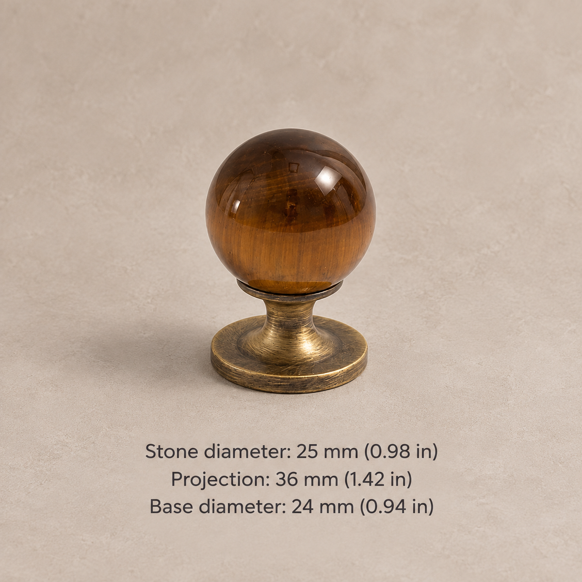Natural stone cabinet knob — antique brass tiger eye — 25 mm diameter, 36 mm projection, 24 mm base