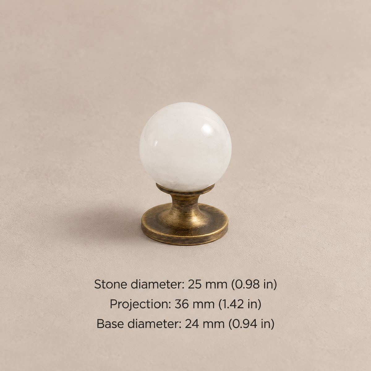 Natural stone cabinet knob — antique brass white — 25 mm diameter, 36 mm projection, 24 mm base