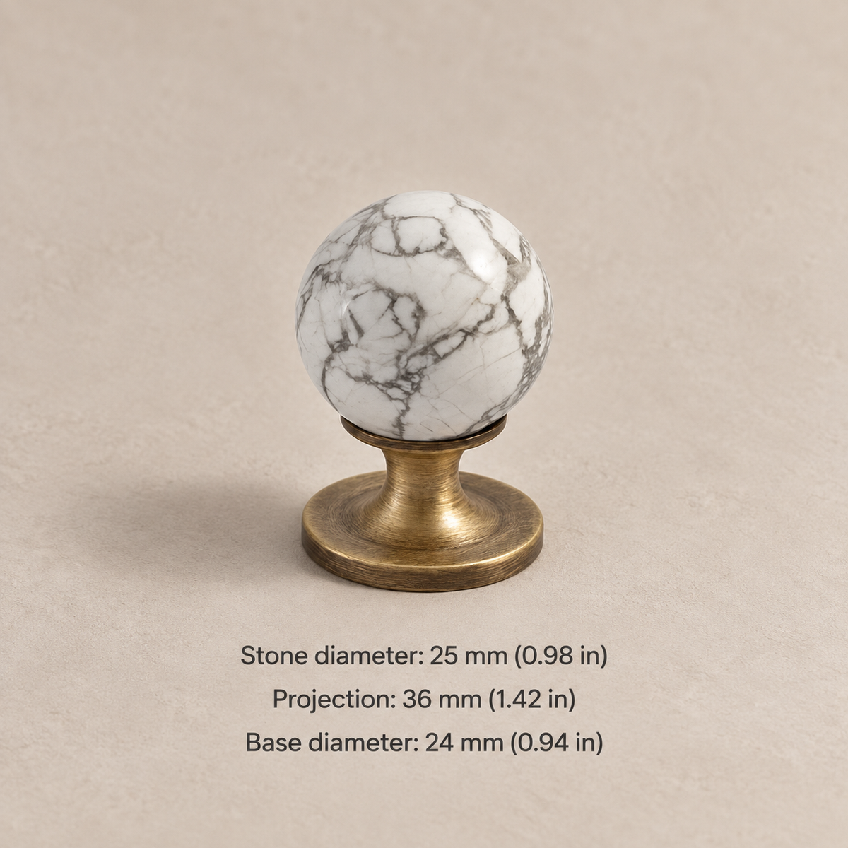 Natural stone cabinet knob — antique brass white veined — 25 mm diameter, 36 mm projection, 24 mm base