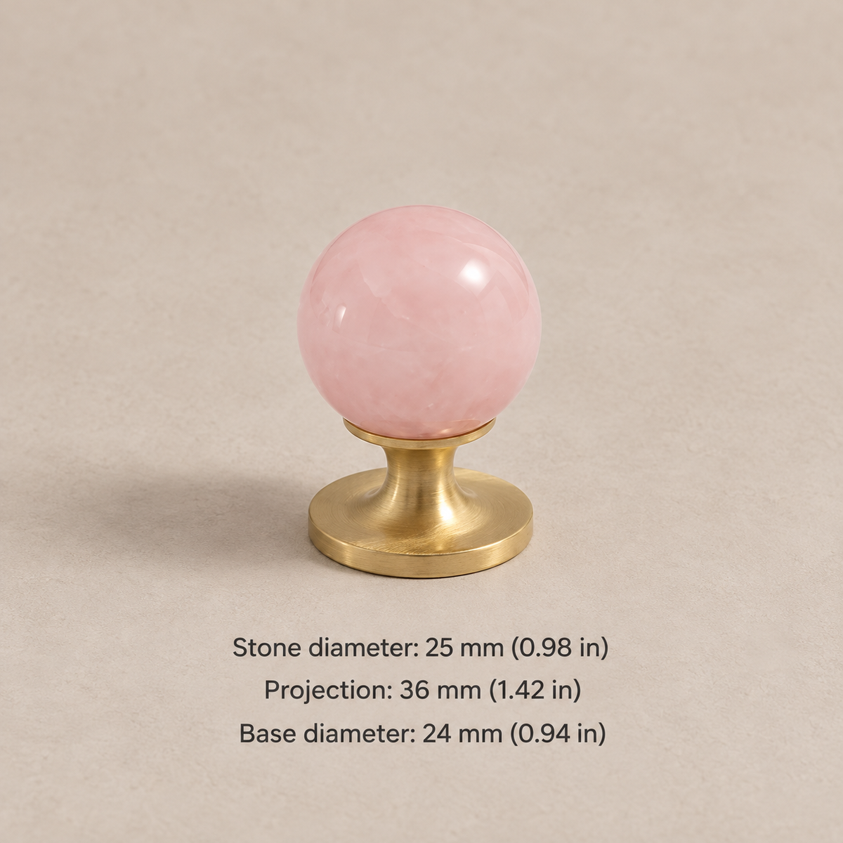 Natural stone cabinet knob — brushed brass pink — 25 mm diameter, 36 mm projection, 24 mm base
