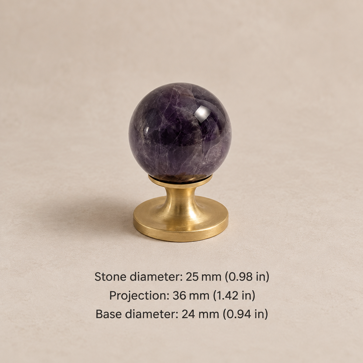 Natural stone cabinet knob — brushed brass purple — 25 mm diameter, 36 mm projection, 24 mm base