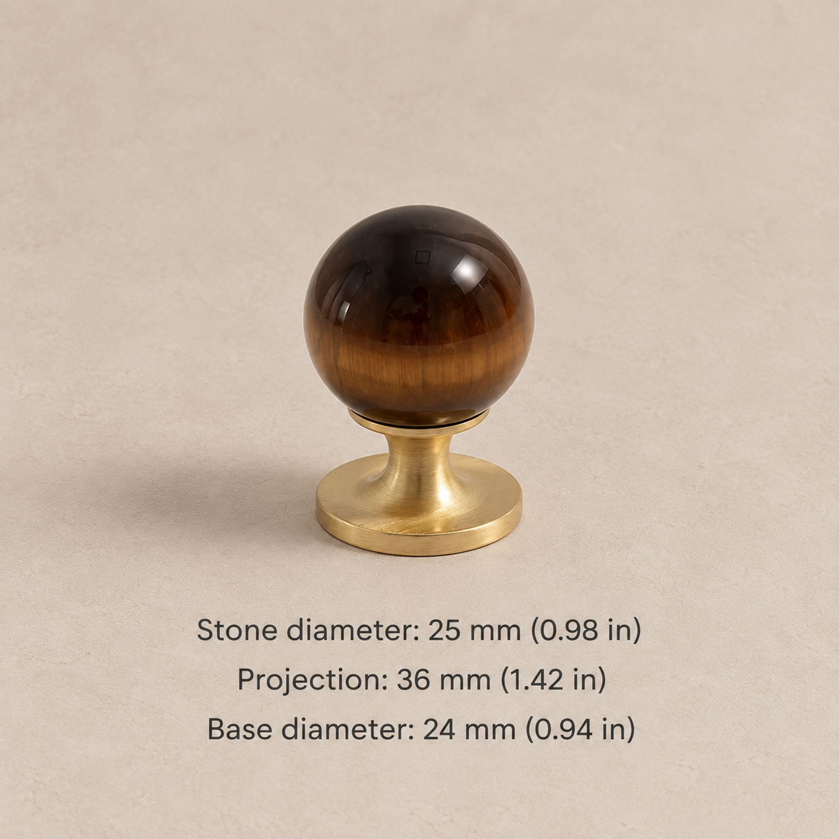 Natural stone cabinet knob — brushed brass tiger eye — 25 mm diameter, 36 mm projection, 24 mm base