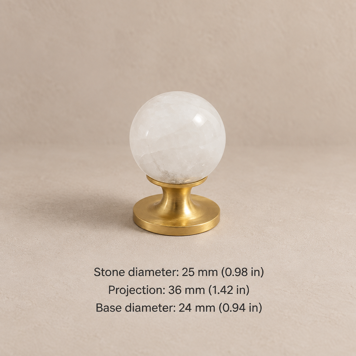 Natural stone cabinet knob — brushed brass white — 25 mm diameter, 36 mm projection, 24 mm base