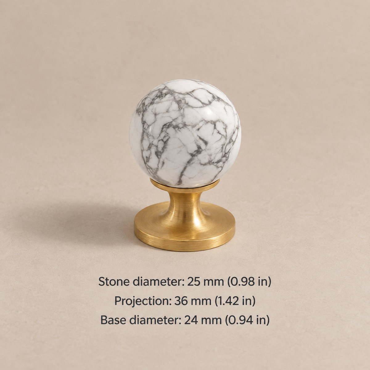 Natural stone cabinet knob — brushed brass white veined — 25 mm diameter, 36 mm projection, 24 mm base