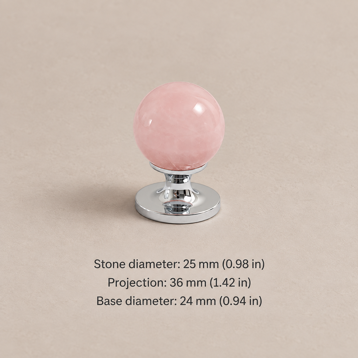 Natural stone cabinet knob — chrome pink — 25 mm diameter, 36 mm projection, 24 mm base