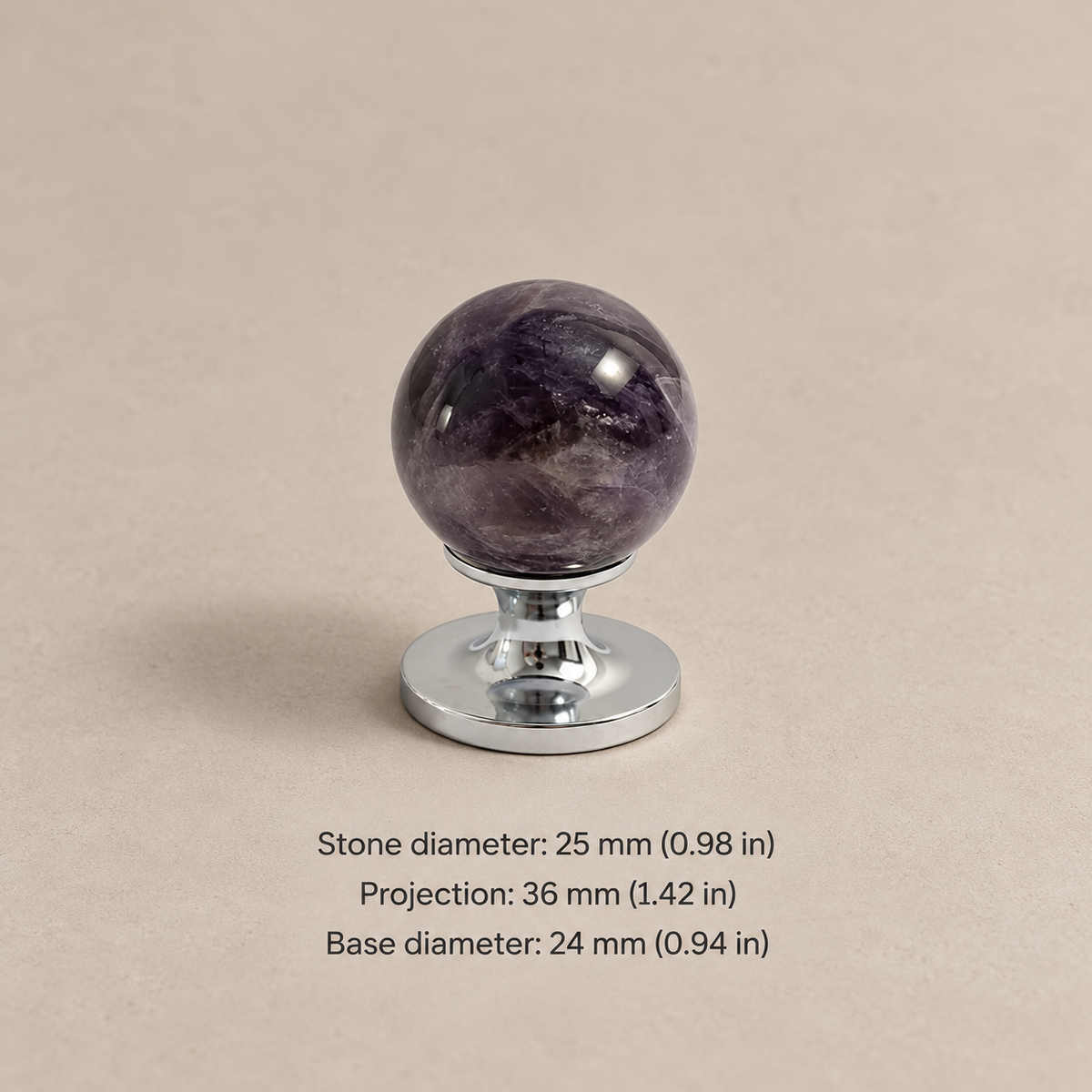 Natural stone cabinet knob — chrome purple — 25 mm diameter, 36 mm projection, 24 mm base